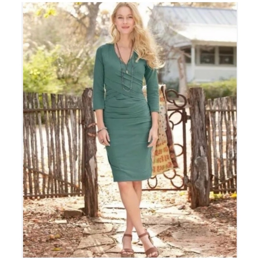 Sundance Eternal Compliments Dress M Green Midi Ruched Faux Wrap Boho Cottage